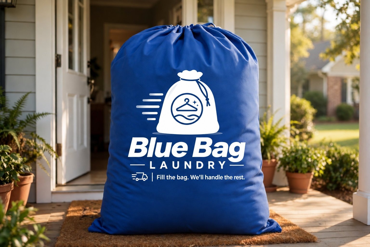 A Blue Bag waiting for pickup by a customer's front door